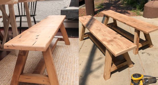 Matching Dinning Table Benches Built from Reclaimed Floor Joists