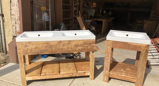 Matching Vanity Bases Made Out of Reclaimed Timber Joists